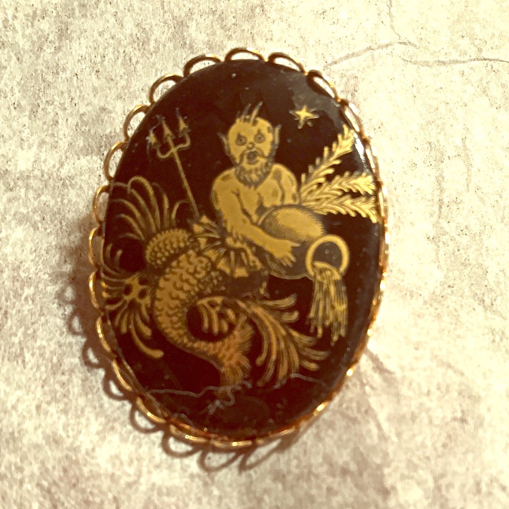 Vintage Pin: Black/Gold Water Bearer Male Mermaid